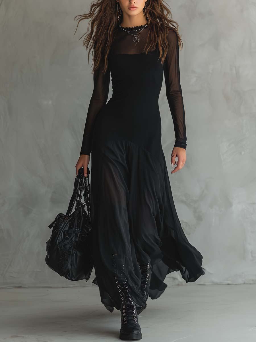 Neroa | Vestido Maxi de Tul Negro con Corte Suelto